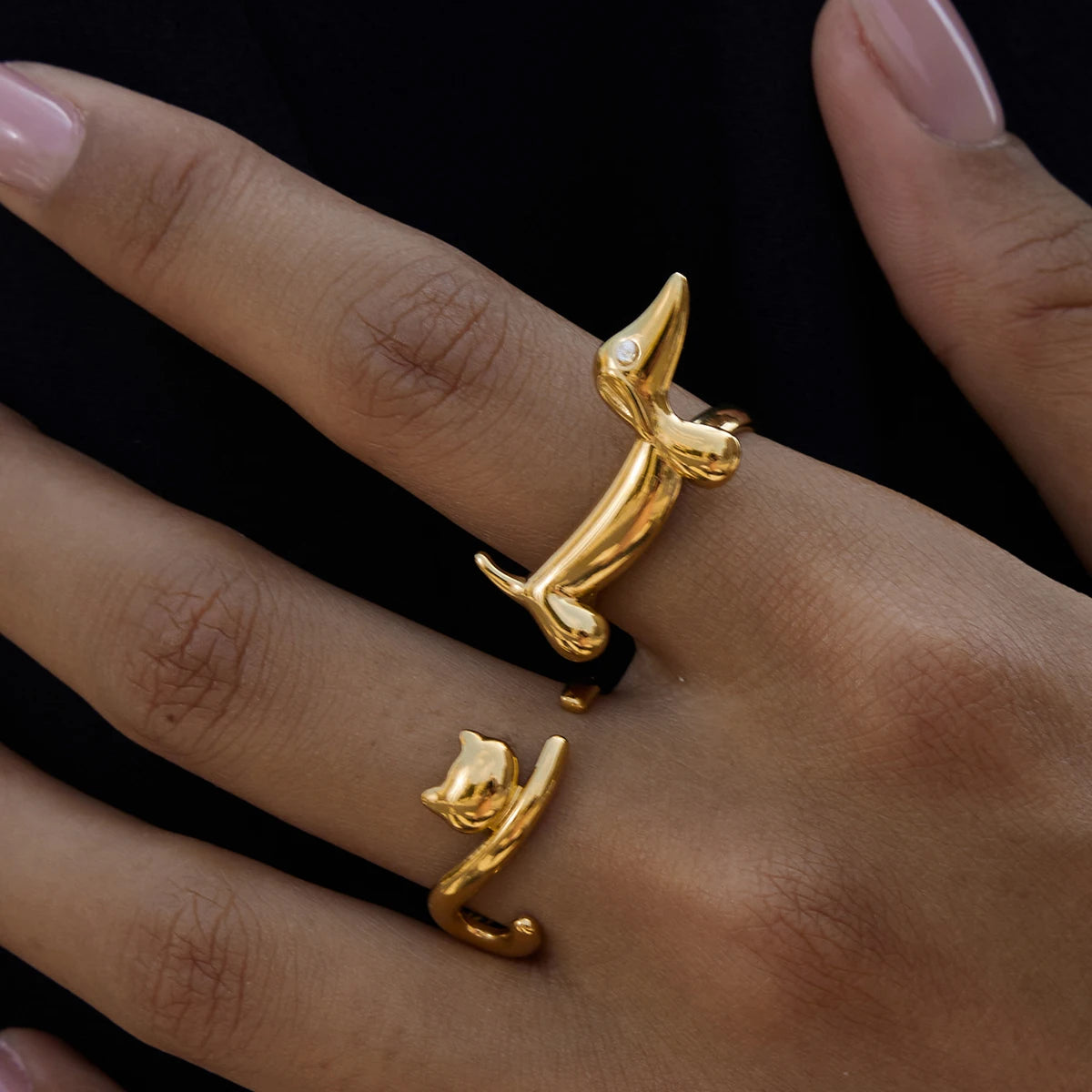 18K Gold-Plated or Platinum Plated Stainless-Steel Rhinestone Sausage Dog or Cat Ring, Adjustable