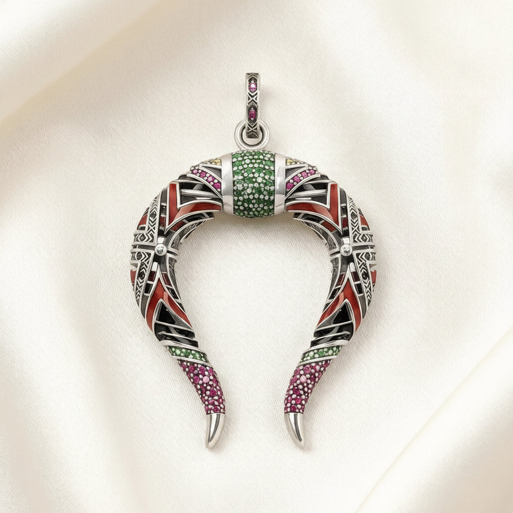 Chinese Dragon Horseshoe Pendant in 925 Sterling Silver with Colorful Zircons