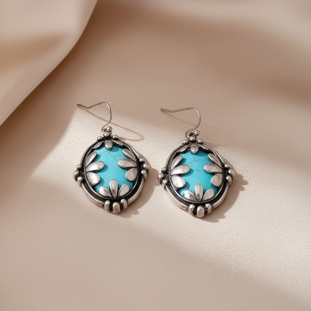 Bohemian Oval Flower Large Turquoise Drop Alloy Earrings