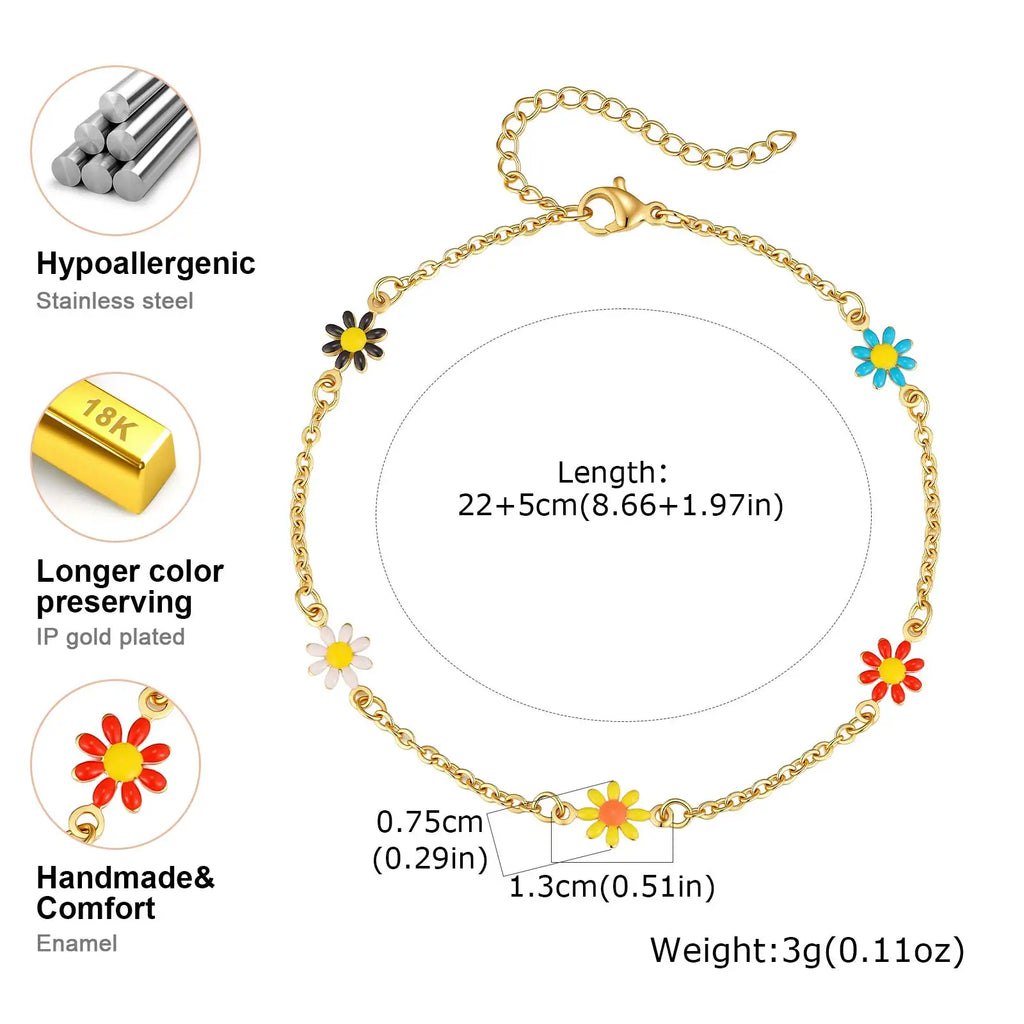 Gold Tone Stainless Steel Colorful Daisy Anklet