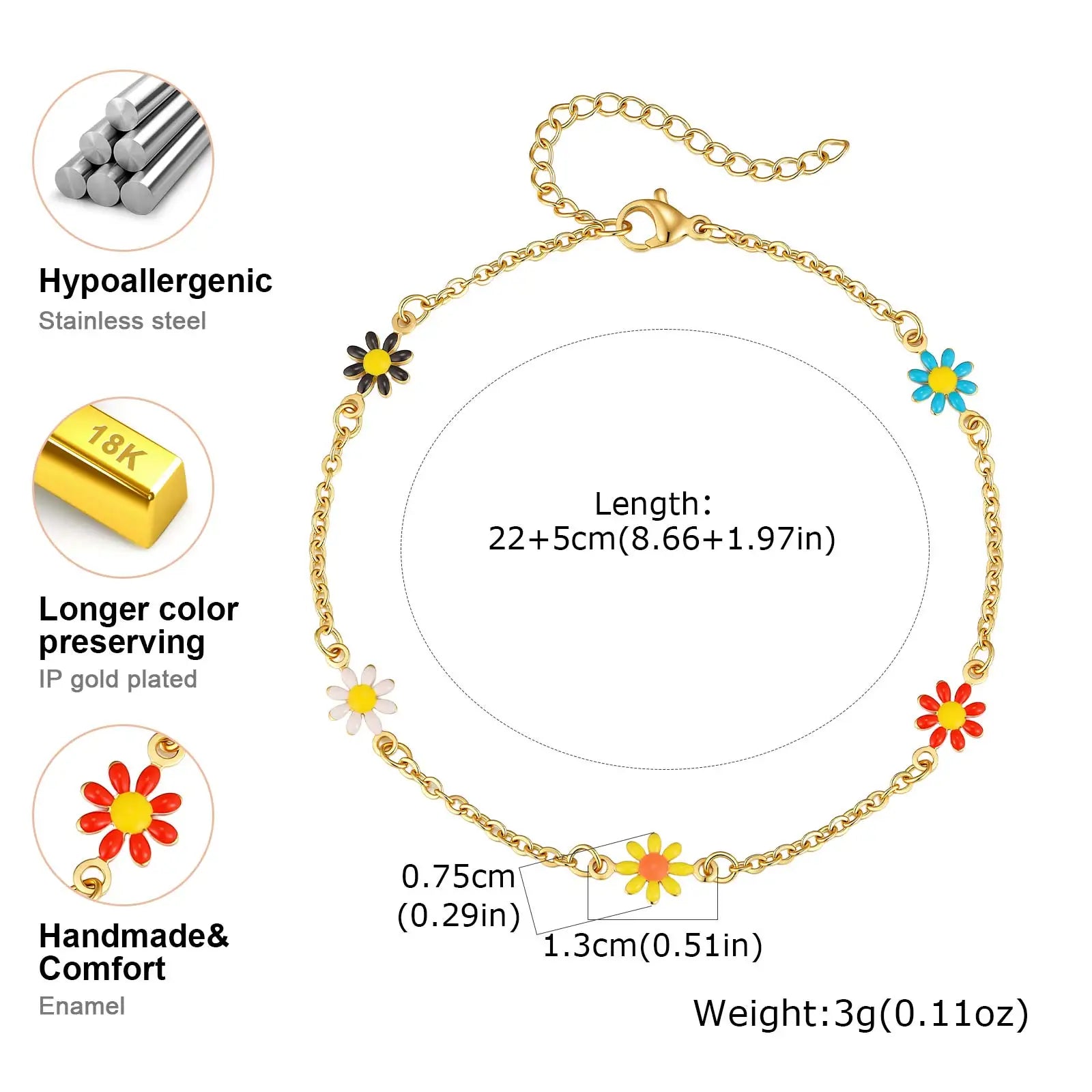 Gold Tone Stainless Steel Colorful Daisy Anklet