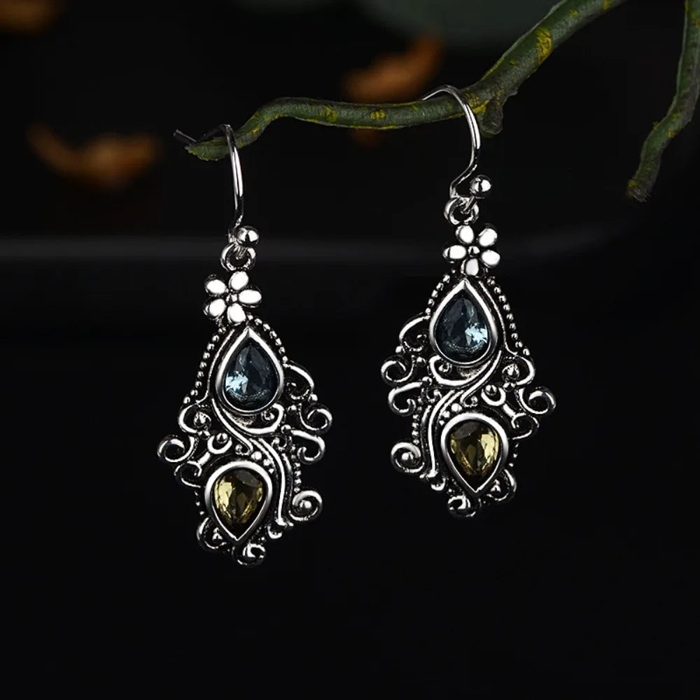 Retro Court Style Sea Blue Topaz Flower Water Droplet Dangle Alloy Earrings