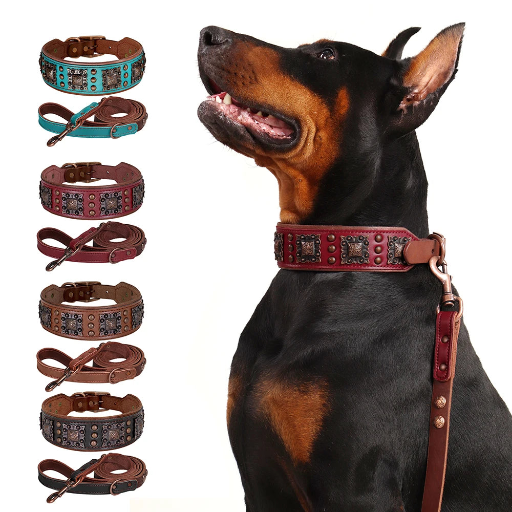 100% Leather Wide Collar Leash Set for Large Dogs - BOLD, STYLISH, VINTAGE