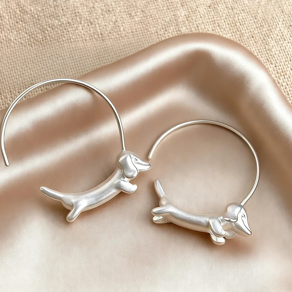 Polished Silver Plated Sausage Dachshund Dog Open Hoop Earrings