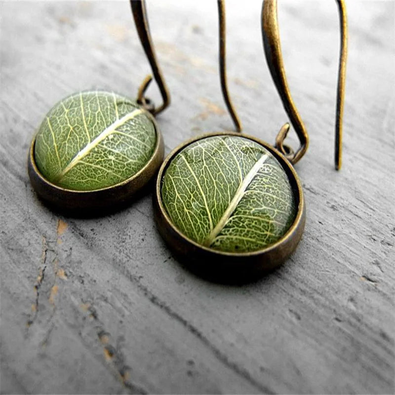 Copper Resin Green Leaf Drop Earrings
