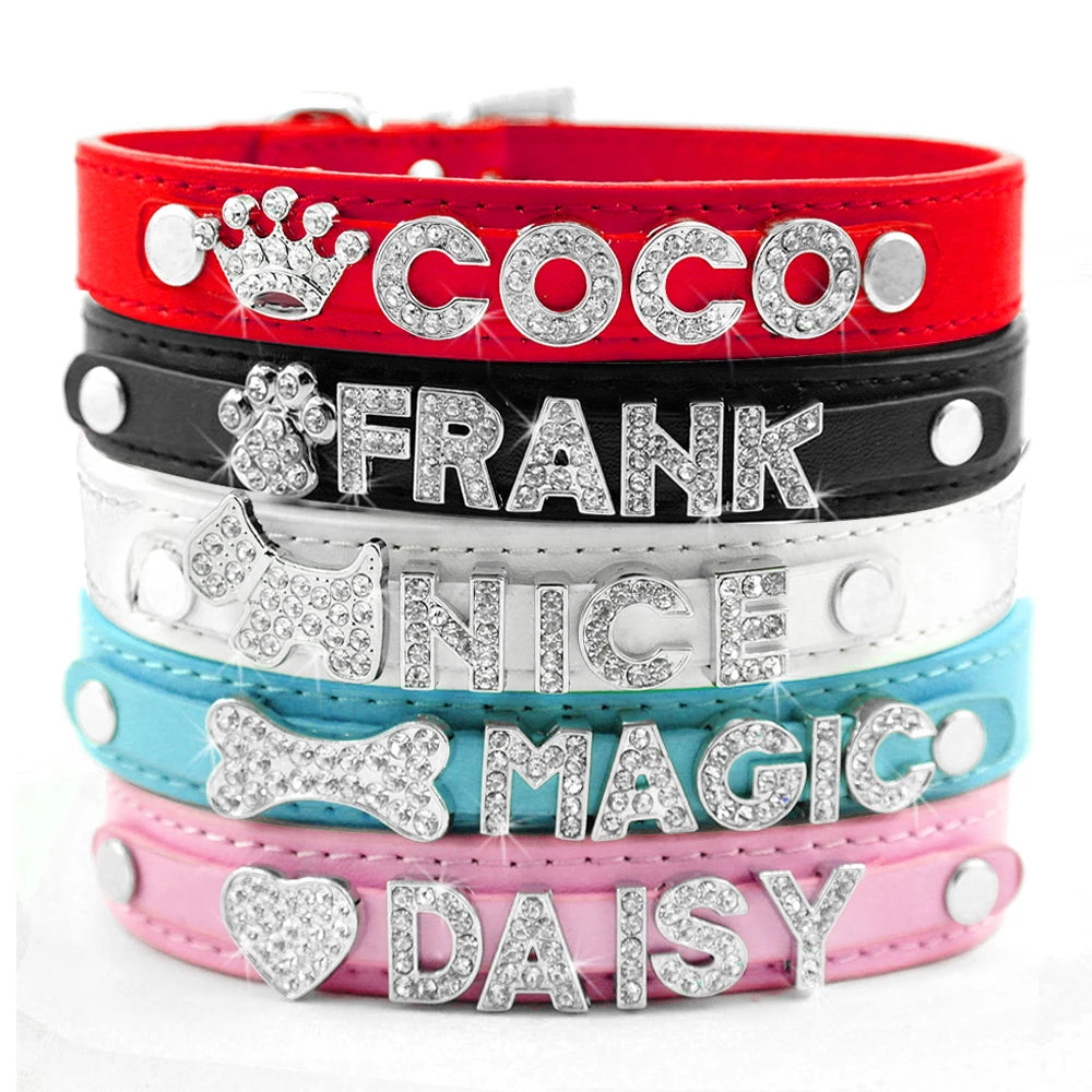 Faux Leather Dog Collar with Rhinestones - Customize, Engrave, Name Tag