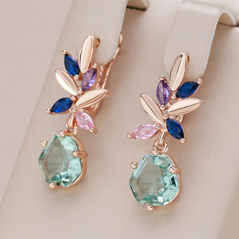 14K Rose Gold Plated Copper Earrings Natural Zircon Green Stone & Petals