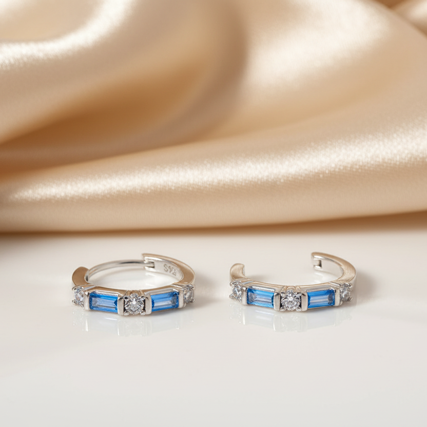 Blue Clear Zircon Hoop Earrings in 925 Sterling Silver