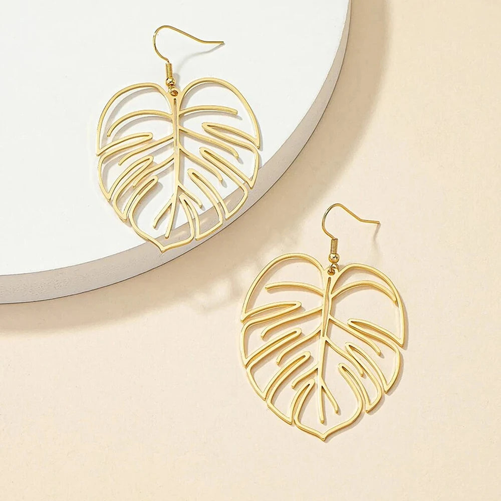 Stainless Steel Bohemian Hollow Exaggerated Leaf Dangle Drop Earrings