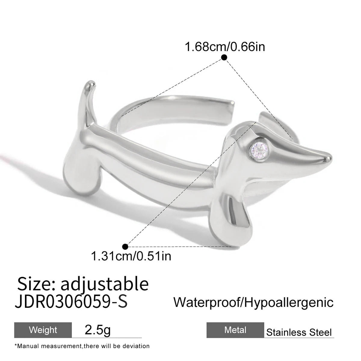 18K Gold-Plated or Platinum Plated Stainless-Steel Rhinestone Sausage Dog or Cat Ring, Adjustable