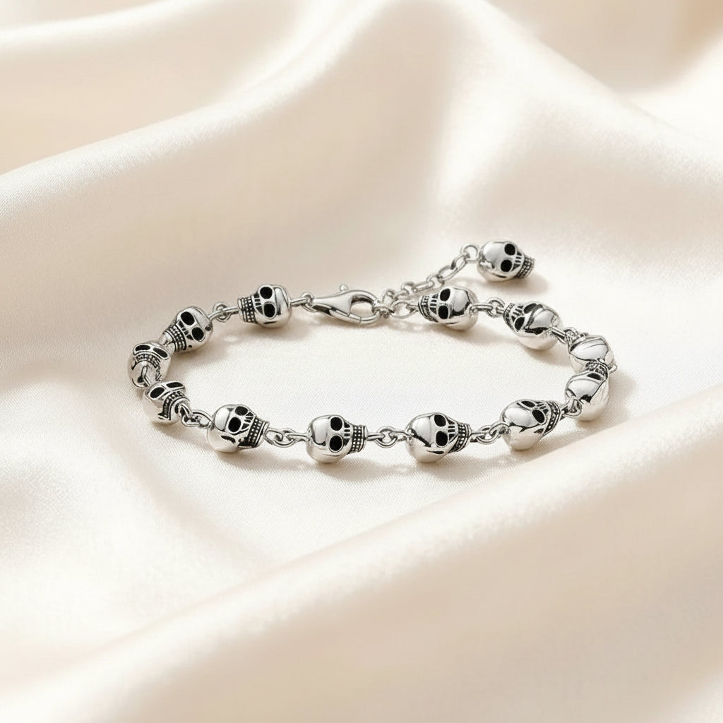 Rebel Goth Skulls Link Chain Bracelet in Pure 925 Sterling Silver