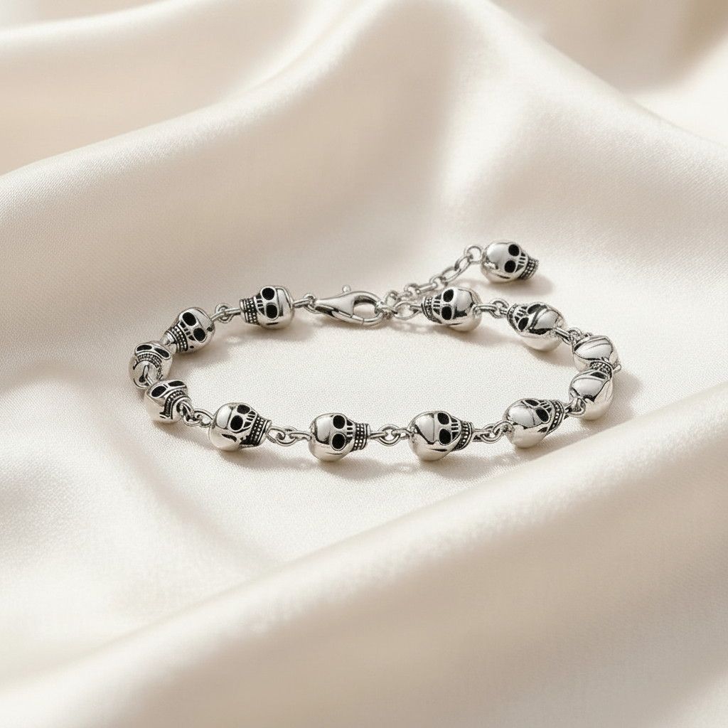 Rebel Goth Skulls Link Chain Bracelet in Pure 925 Sterling Silver