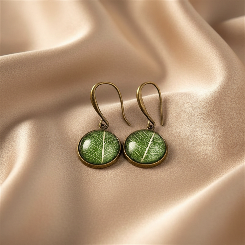 Copper Resin Green Leaf Drop Earrings