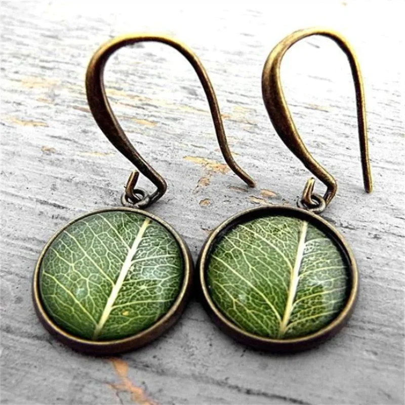 Copper Resin Green Leaf Drop Earrings