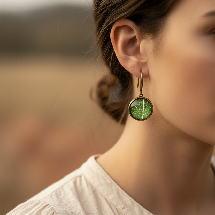 Copper Resin Green Leaf Drop Earrings