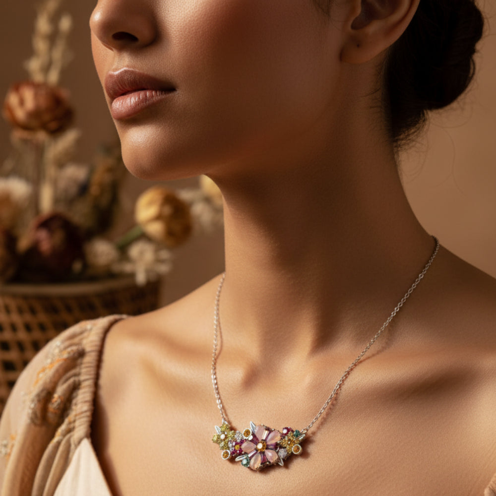 Flower Necklace in 925 Sterling Silver with Zircon Stones