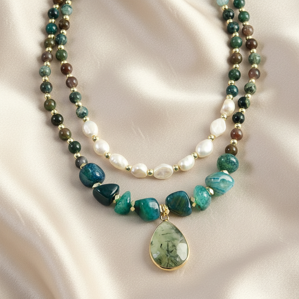 Bohemian 2-Layer Tiger Eye Indian Agate Stone Freshwater Pearl Drop Pendant Necklace