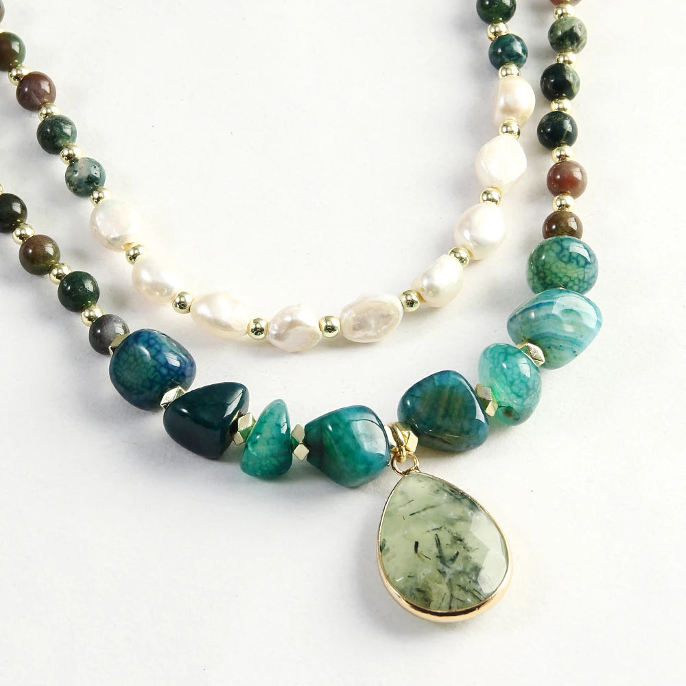 Bohemian 2-Layer Tiger Eye Indian Agate Stone Freshwater Pearl Drop Pendant Necklace