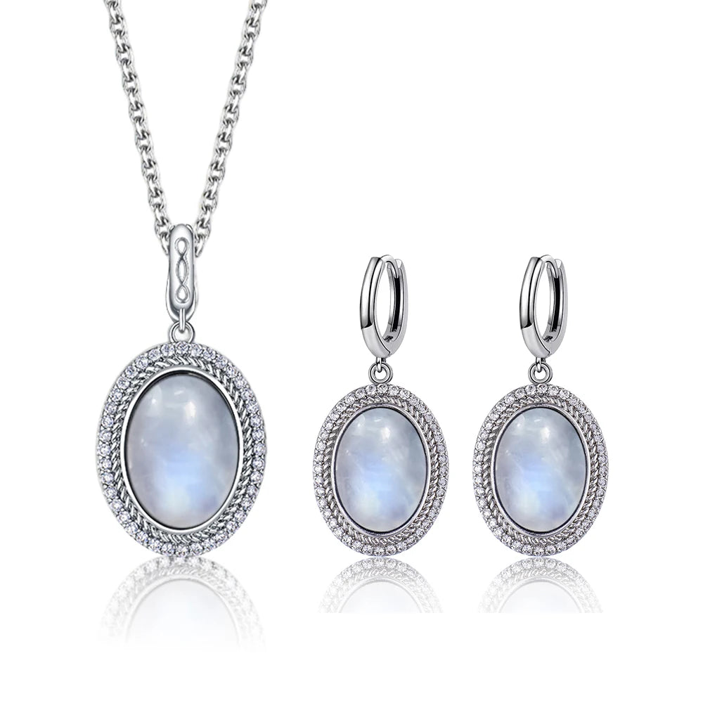 925 Sterling Silver Natural Moonstone Pendant & Earrings Set