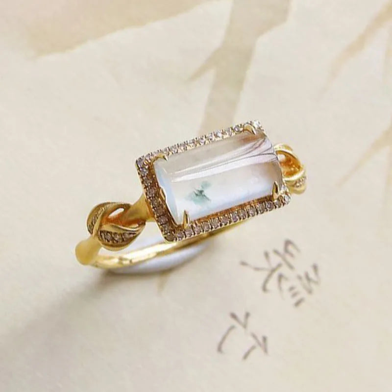 Antique Inspired Natural Ice Chalcedony Stone CZ Ring - Gold Plated, Adjustable, Unique
