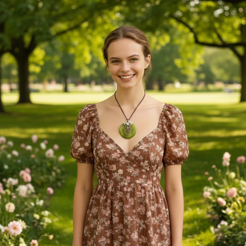 Leather Cord Necklace with Round Wood Leaf Pendant