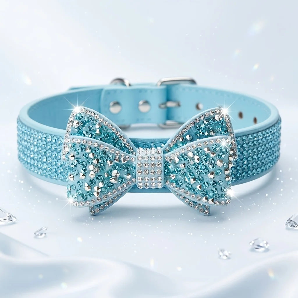 Beautiful PU Leather Pet Collar with Rhinestone Bow - Princess Style, No Choke, Secure Stones