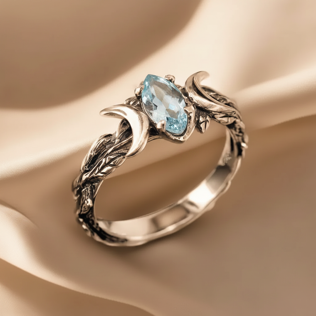 Unique Stainless Steel Natural Blue Moonstone Crescent Moon Ring