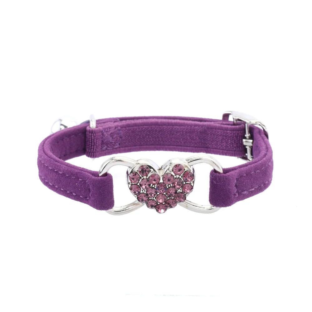 Velvet Cat & Dog Collar with Rhinestones Heart & Bell - Adjustable, 1 cm Wide, Adorable
