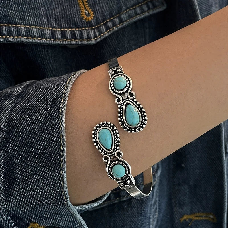 Adjustable Zinc Alloy Flower Detail Bracelet with Stone - Antique Inspired, Elegant, Boho