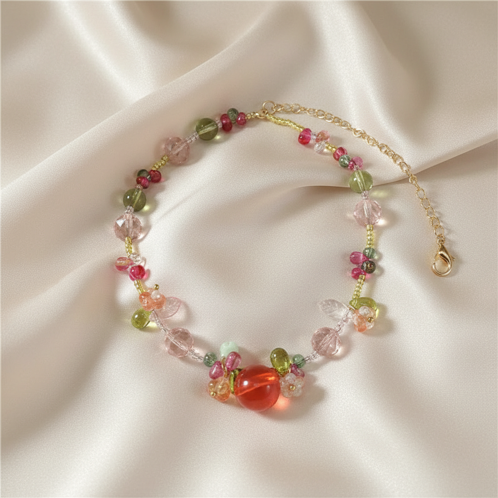 Resin Cherry Fruit Flower Bead Choker Necklace