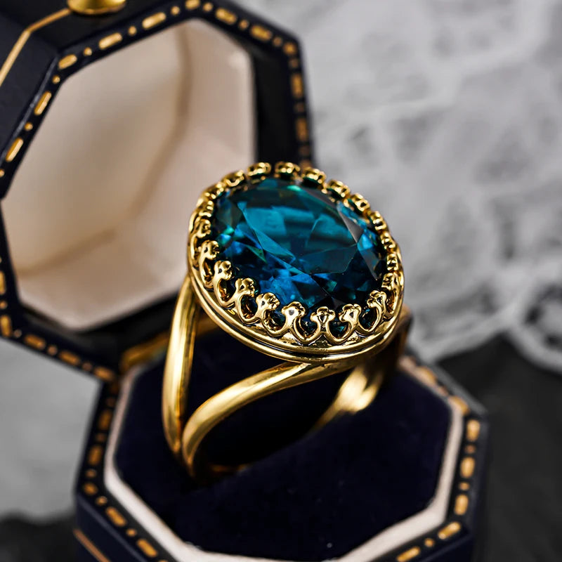 Large Oval Ocean Blue Cubic Zirconia Stone Brass Ring - Cocktail, Bold, Statement
