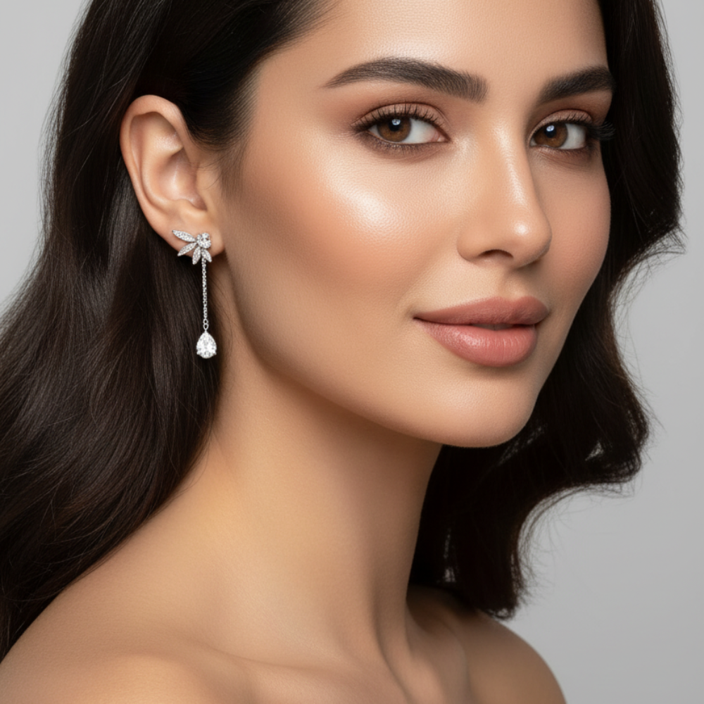 Leaves With Water Drop in 925 Sterling Silver with Zircon Stones