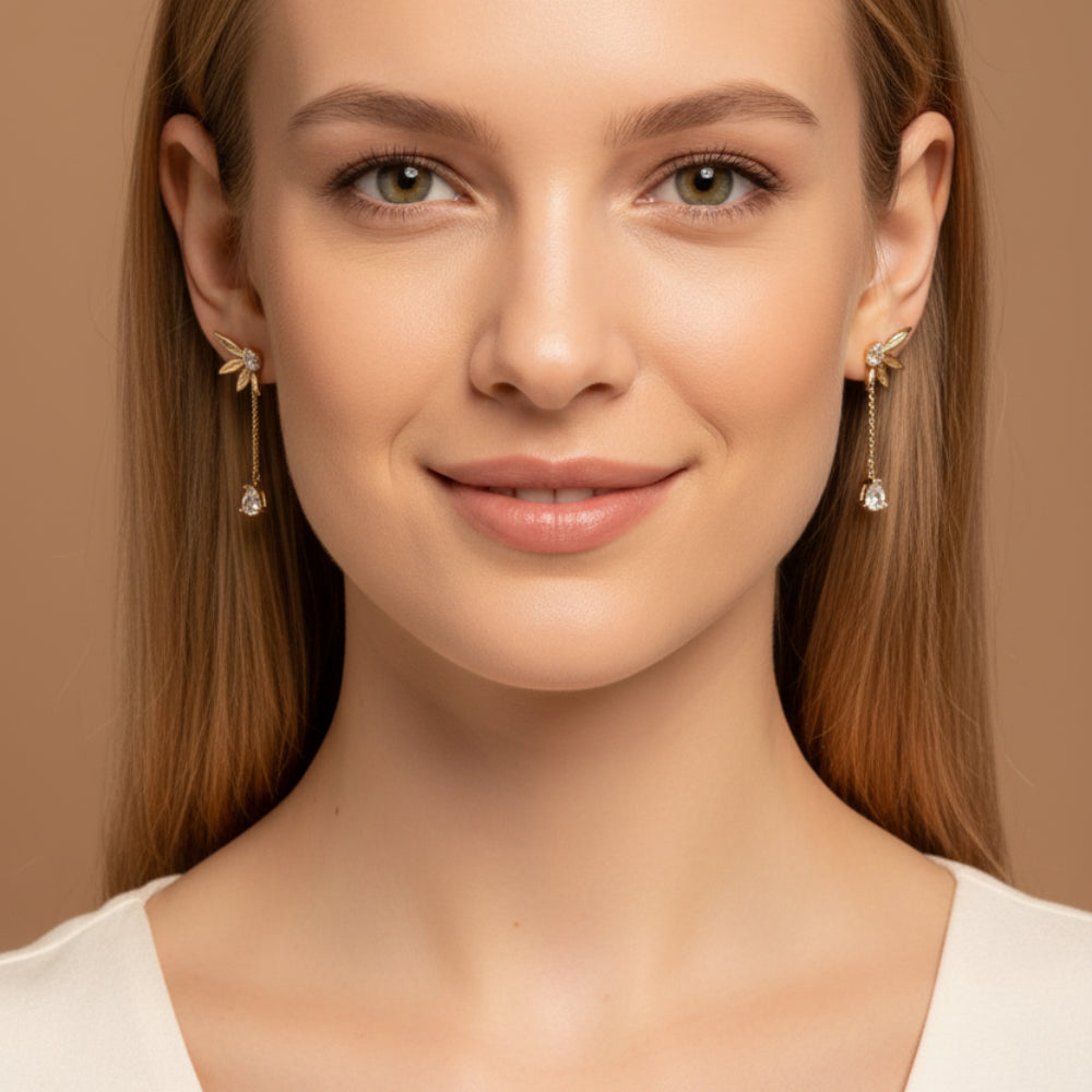 Leaves With Water Drop in 925 Sterling Silver with Zircon Stones
