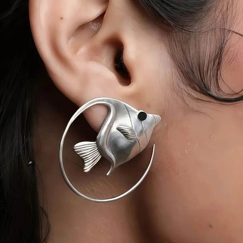 Cooper Alloy Fish Circle Dangle Earrings