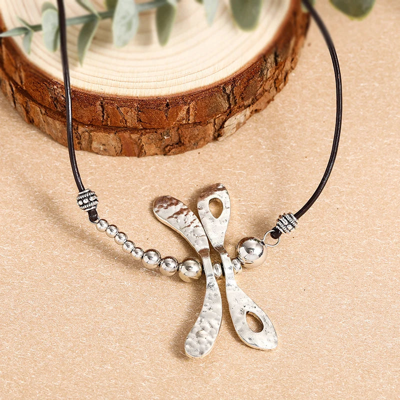 Bold Oversized Boho Beaded Dragonfly Alloy Pendant Rope Necklace