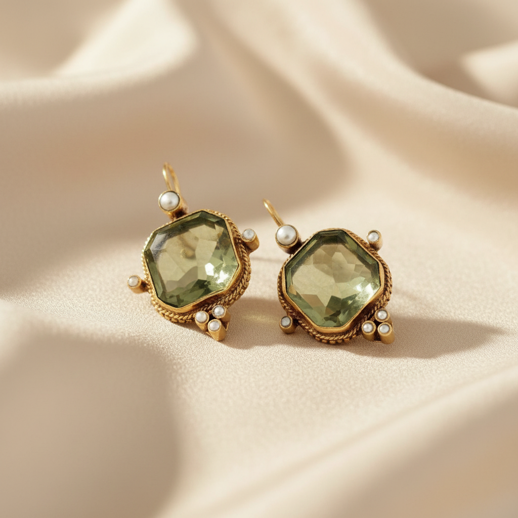 Retro Geometric Hexagonal Green/Blue Crystal Faux Pearl Copper Earrings
