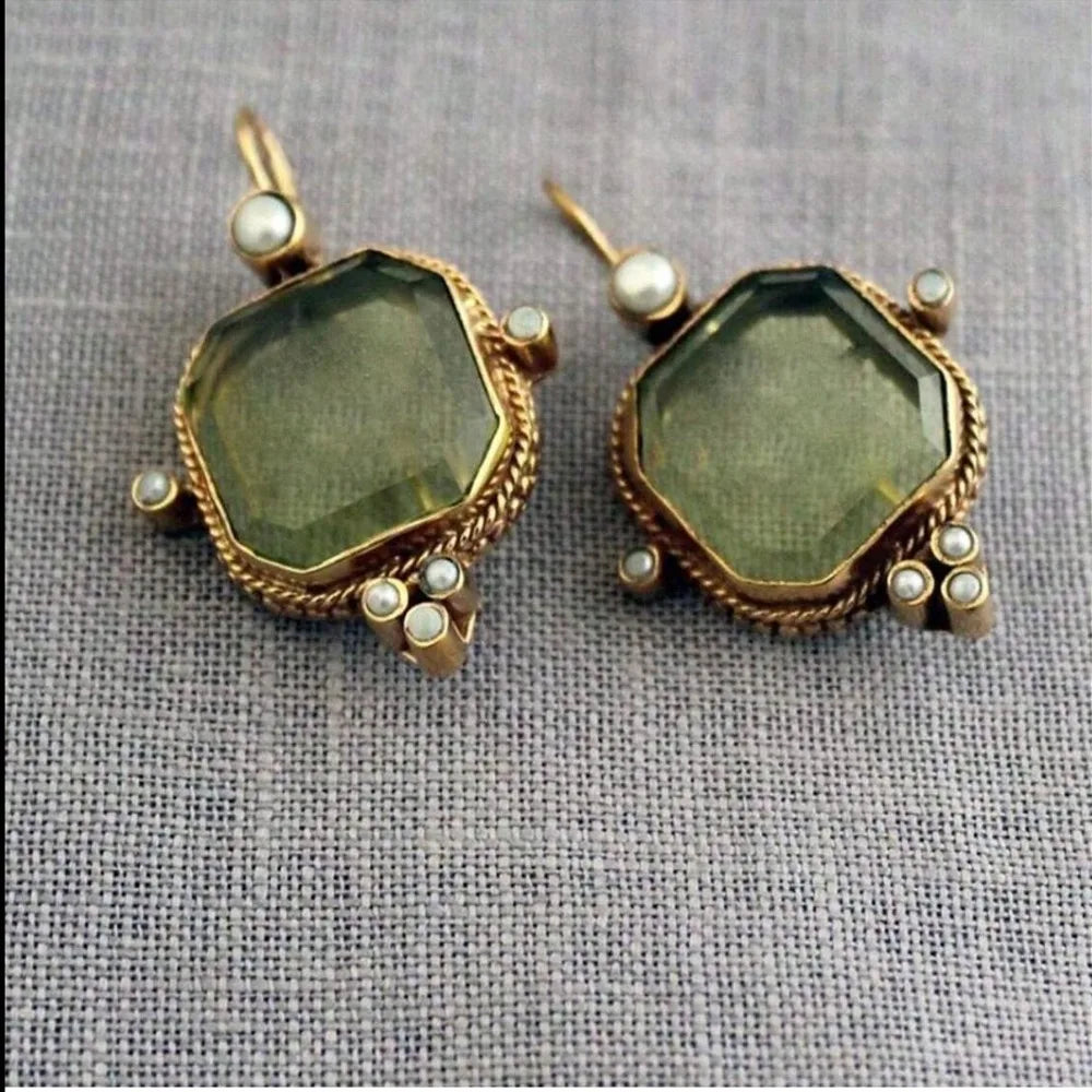 Retro Geometric Hexagonal Green/Blue Crystal Faux Pearl Copper Earrings