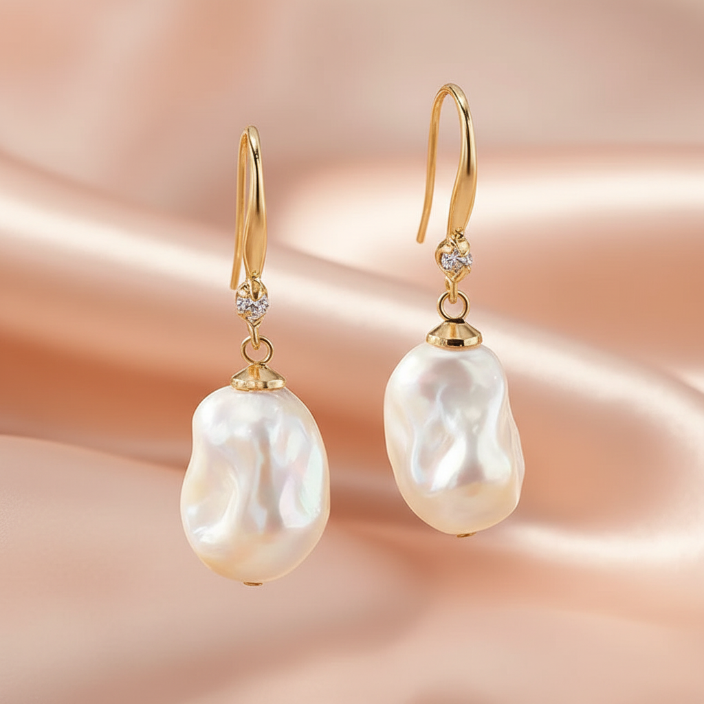 Large Luxury Faux Pearl Earrings & Necklace 14k Gold Plated