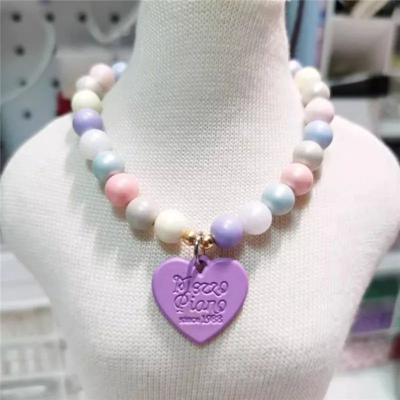 Customizable Heart Alloy Pendant Colorful Resin Bead Necklace for Cats & Dogs - Name Tag