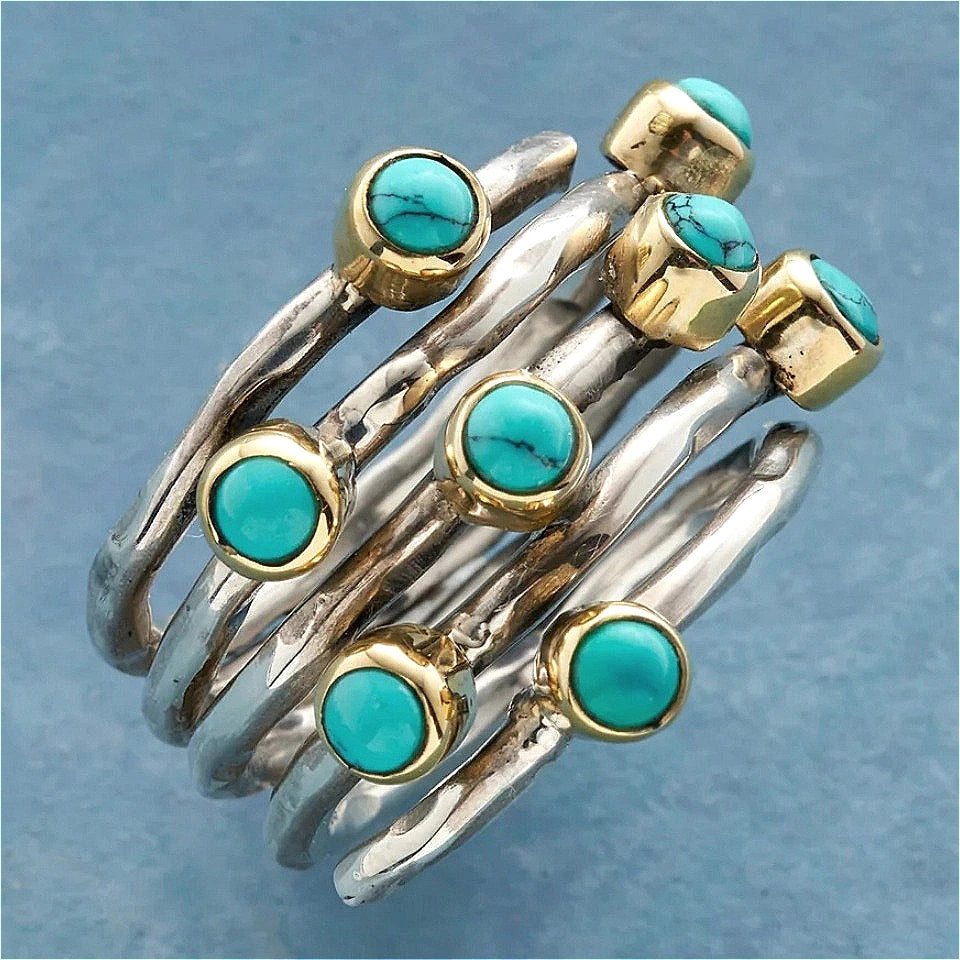 Two-Tone Boho Style Synthetic Turquoise Silver & Gold-Plated Copper Multilayer Ring