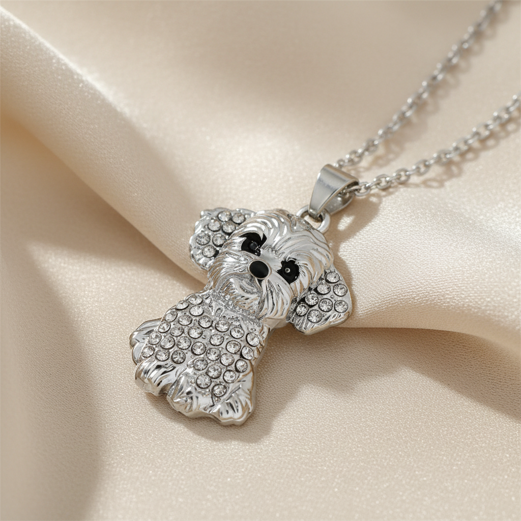 Cute Sparkling Maltese Puppy Pendant Necklace Zinc Alloy & Stainless Steel