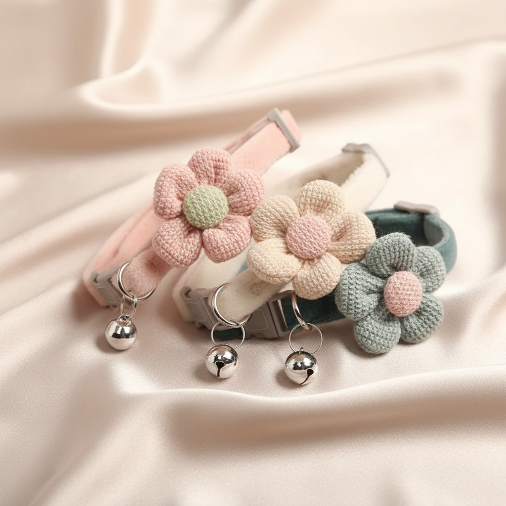Pet Comfy Cloth Necklace with Cute Flower, Bell & Adjustable Buckle