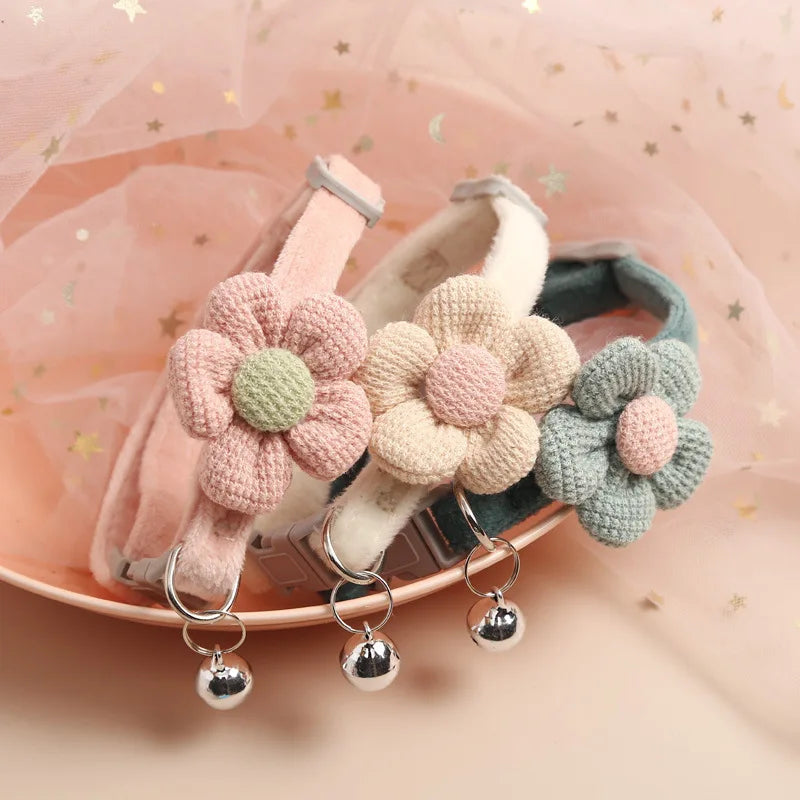 Pet Comfy Cotton Necklace with Cute Flower, Bell & Adjustable Buckle