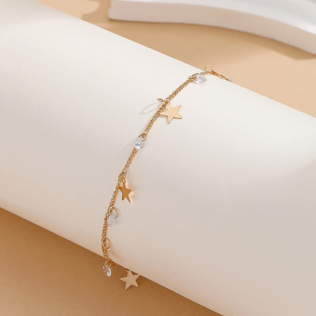 Gold Tone Stainless Steel Zircon Star Anklet - Refined, Elegant