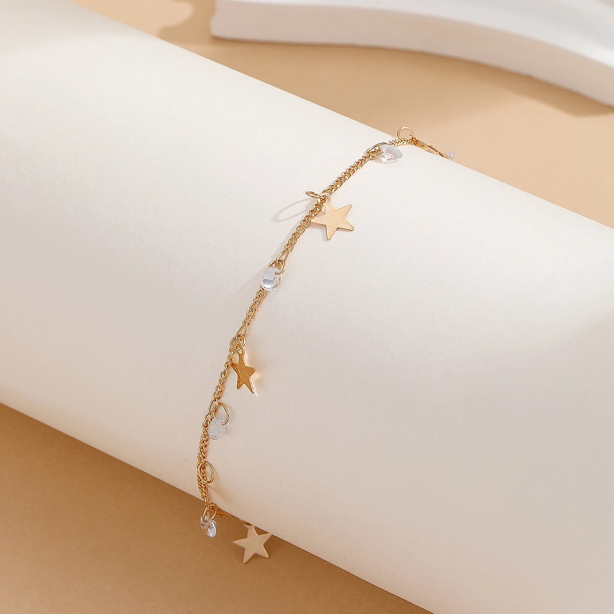 Gold Tone Stainless Steel Zircon Star Anklet - Refined, Elegant