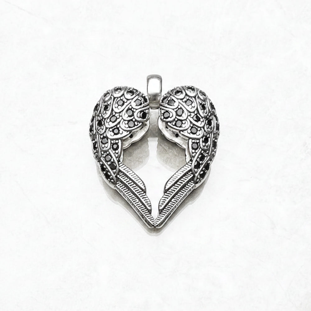 Wings Heart Pendant in 925 Sterling Silver with Black Zircons