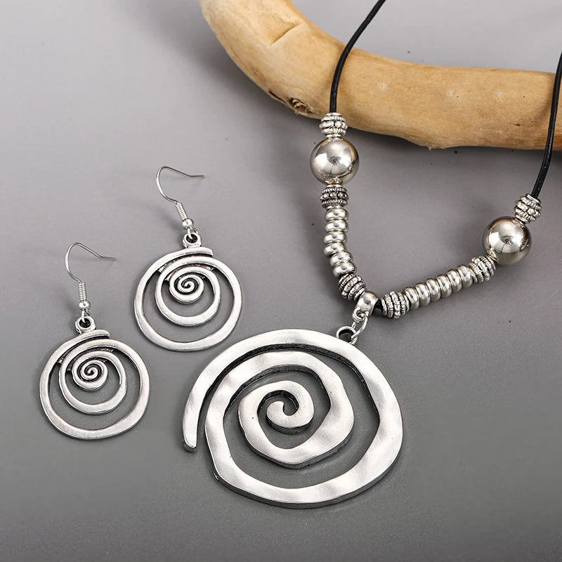 Bold Bohemian Style Alloy Spiral Pendant Necklace & Earrings - 3 Options