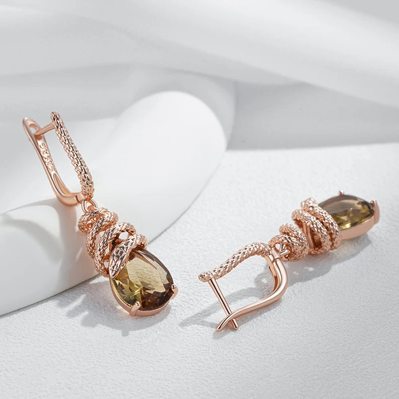 14K Rose Gold Plated Copper Snake Dangle Earrings with Natural Brown Zircon