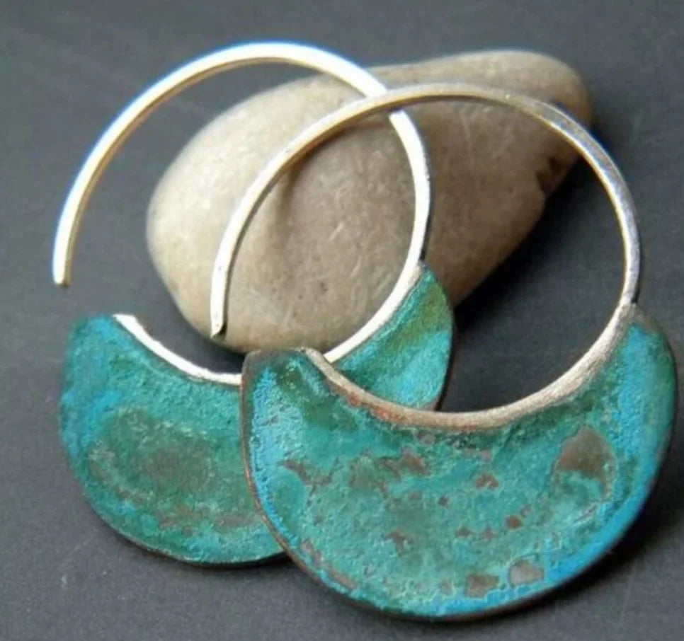 Rustic Metal Turquoise Crescent Hoop Earrings