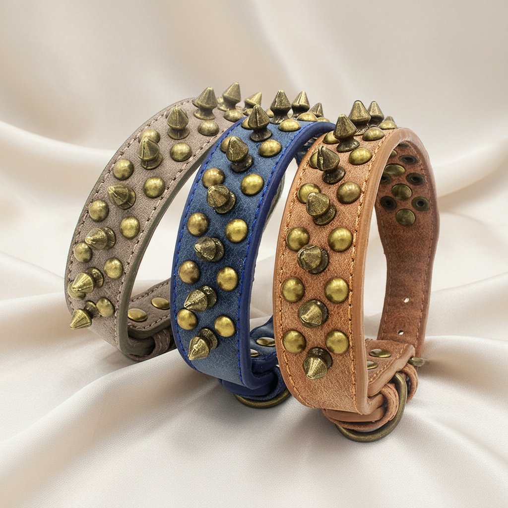Faux Leather Dog Collar with Spikes - Anti-Bite Rivets, Cool, Attention